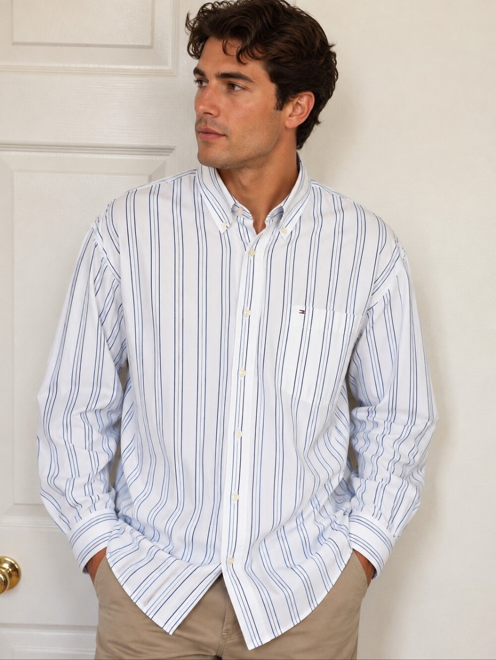 Tommy Hilfiger Vintage Y2K Men’s White & Blue Stripe Button-Up Shirt